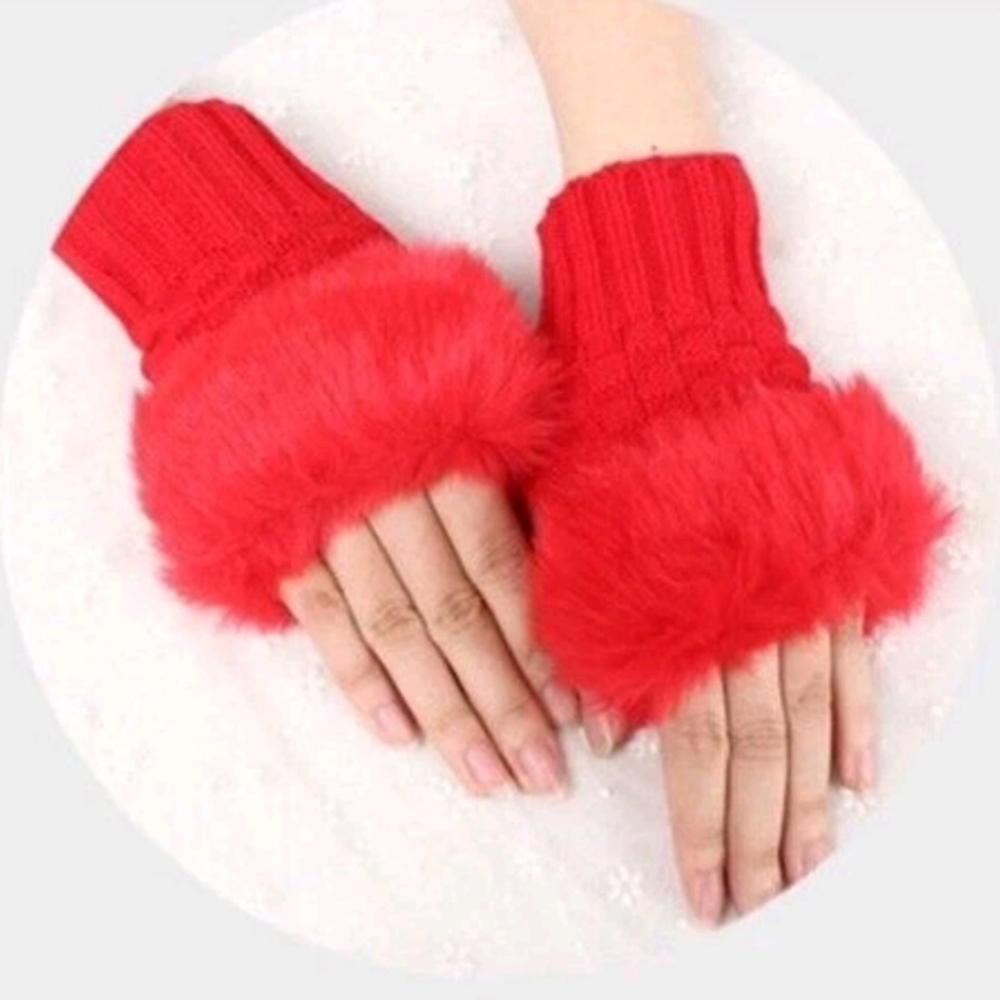 Red Faux Fur Fingerless Magic Stretchy Cropped Warm Winter Sweater Knit Gloves